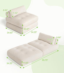Plush Corduroy Folding Sofa Bed, Free Setup Floor Beds, 34" Boneless Couch for Small Spaces, Corner Chair, Convertible Sleeper Chair, Corner Couch, Foldable Sleeper Sofa Beds, Beige