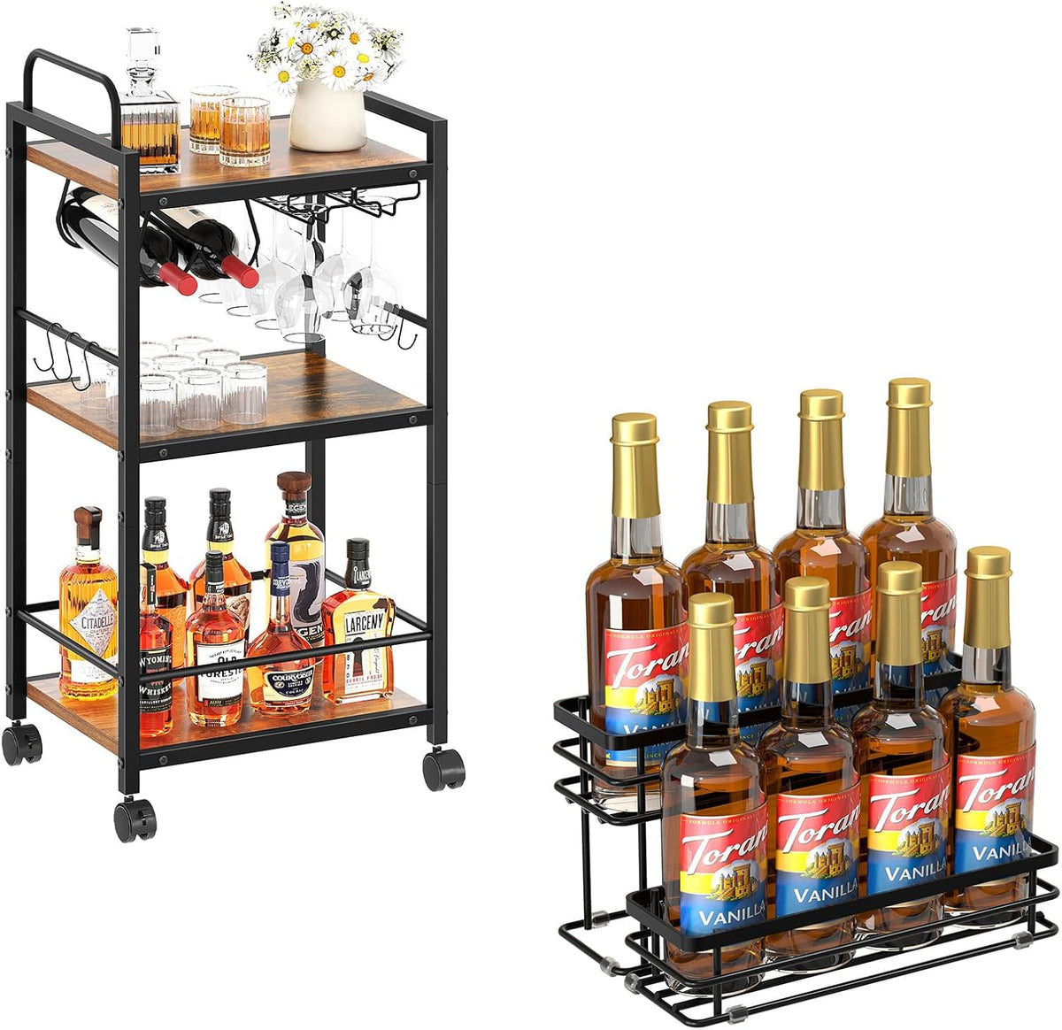 Bar Cart for The Home, 3 Tier Kitchen Carts with Wheels, Small Rolling Cart with Glass Holders,8 Bottle Coffee Syrup Organizer Rack, 2 Tier Spice Rack Organizer