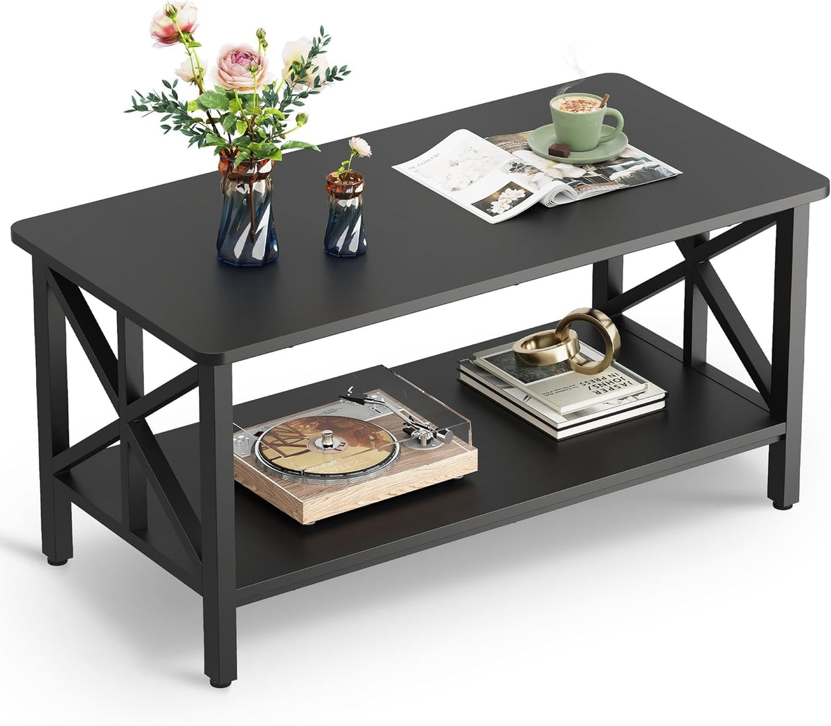 WLIVE Coffee Table for Living Room, 39" Modern 2-Tier Center Table with Round Corners, Storage Shelf, Farmhouse Style Small Coffee Table with Metal Frame, Rustic Brown