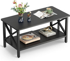 WLIVE Coffee Table for Living Room, 39" Modern 2-Tier Center Table with Round Corners, Storage Shelf, Farmhouse Style Small Coffee Table with Metal Frame, Rustic Brown