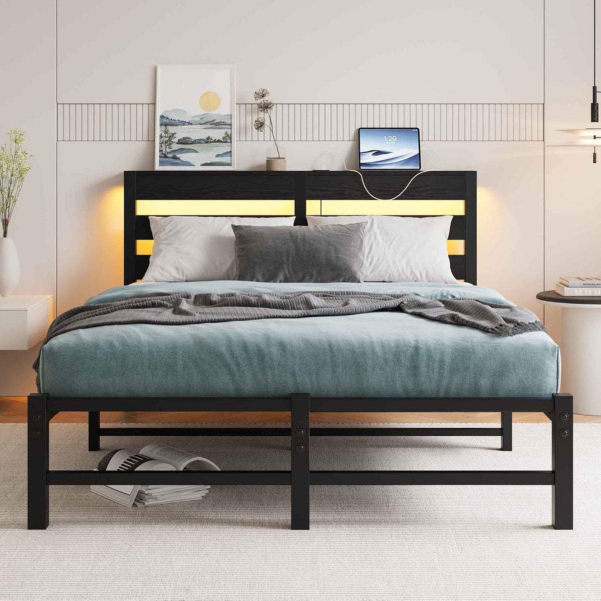 Full Bed Frame with Wooden Headboard, RGB LED Lights, USB Charging Station, Storage Shelf, Metal Bed Frame, No Box Spring Needed (Full -1)
