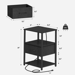 TUTOTAK Nightstand, Night Stand with Charging Station, End Table, Bedside Table with Fabric Drawer, for Livingroom and Bedroom, Black TB01BK069