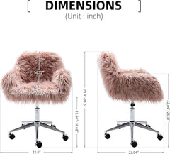 Goujxcy Modern Pink Faux Fur Home Office Chair, Cute Fluffy Upholstered Padded Seat Chair for Girls, Height Adjustable Swivel Makeup Vanity Chair for Living Room, Bedroom (Pink)