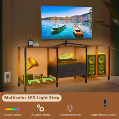 PINPON 46" TV Stand with Manual LED Lights & Fabric Drawer, 3-Tier Storage Media Console for 55" TV, Adjustable Feet, Rustic Brown Entertainment Center for Living Room/Bedroom