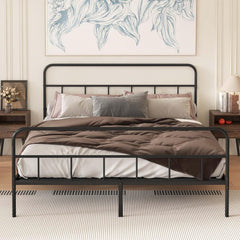 Sturdy Metal Platform Bed Frame Queen Size with Headboard, Modern Wave Design, No Box Spring Needed, Quiet Heavy-Duty Steel Frame with Storage Space, Black (Queen)