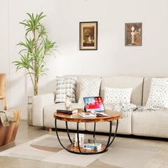 Round Coffee Table, 31.5" Wooden 2-Tier Circle Coffee Table with Storage Shelves, for Living Room & Kitchen (Rustic Brown)