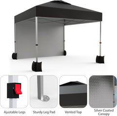 10x10 Ft Pop Up Canopy Tent, Portable Commercial Canopy with Vented Top Roller Bag,1 Removable Sidewall, 4 Sandbags, 4 Ropes and 8 Tent Stakes, Easy Outdoor Sun Shade for Events, Parties, Black