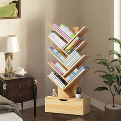 Talent Star Modern Book Shelf Strong Bearing Capacity Space Saving with Drawer Book Storage 8-Tier Wooden Tree Bookshelf Living Room Decor for Home, Office, Living Room, Bedroom, Rustic Style Woode