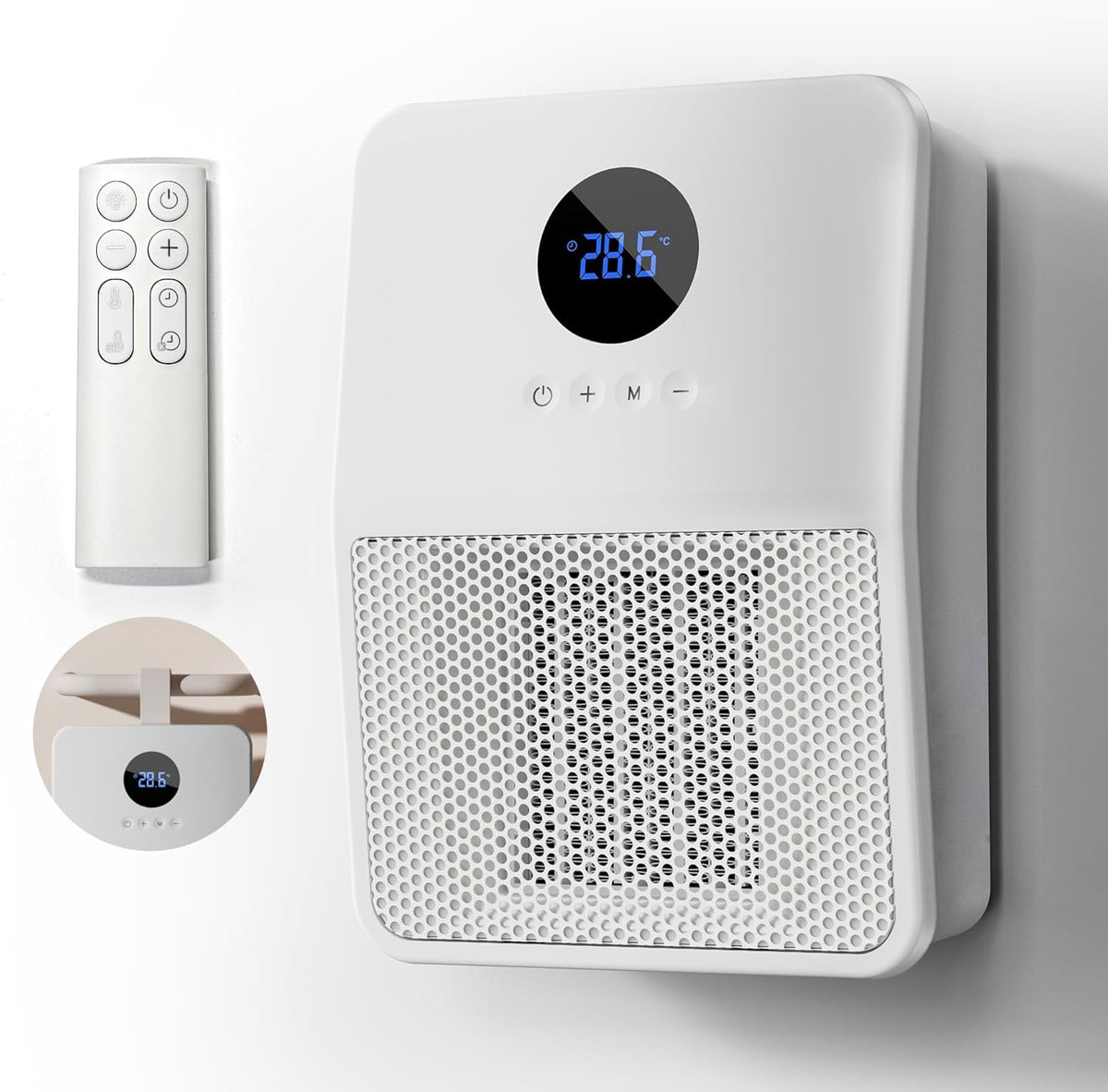 Electric Space Heater, 3-IN-1 Portable Heater for Wall Mount/Hook/Desktop, Remote&Thermostat, 3 Modes, 24H Timer, 1500W PTC Fast Heating Ceramic Heater for Office Bedroom Bathroom, White