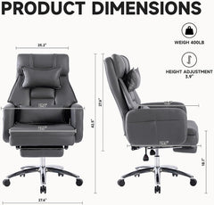 Executive Office Chair, Big and Tall Ergonomic Desk Chairs with Headrest & Footrest, Adjustable High-Back Recliner, Swivel Computer Chair w/Side Pockets, Lumbar Support for Home Office (Dark Grey)