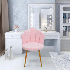 Vanity Chair for Makeup Room, Makeup Vanity Chair with Petal Shape, Nordic Style Velvet Chair with Back Support, Golden Legs for Living Room Bedroom Home Office Chair, Computer Pink
