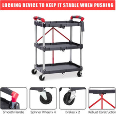 3-Tier Rolling Cart with Lockable Wheels, Heavy-Duty Foldable Utility Cart, 56Lbs Per Shelf Capacity, Space-Saving Kitchen & Office Organizer for Storage, Salon, Serving