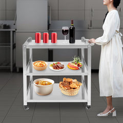 3 Tier Stainless Steel Kitchen Trolley Cart, Foldable Utility Serving Storage Rolling Car Shelf with Wheels, Shelving Unit for Hotels Restaurants Catering Train (Silver, 27 * 16 * 31in)