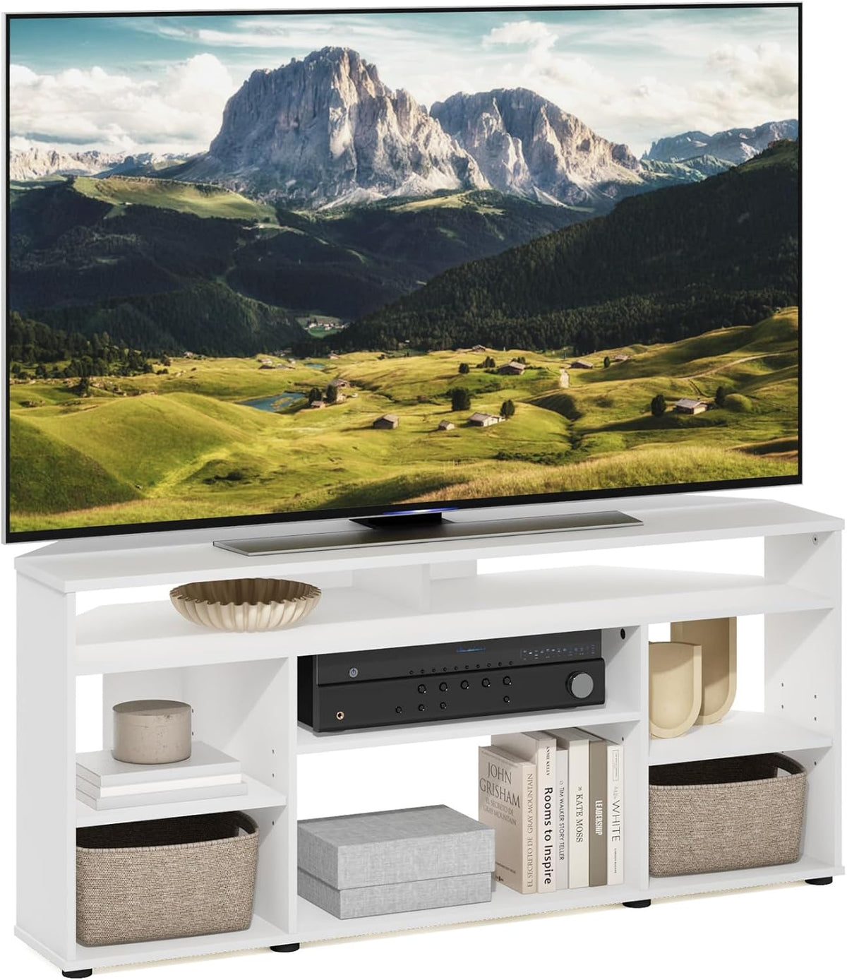 Furinno Econ Easy Assembly 4-Tier Petite Entertainment Center TV Stand for TV up to 25 Inch with Stainless Steel Tubes, White Oak/Chrome