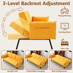 72" Pink Velvet Futon Couch Living Room Couch Bed Convertible Sleeper Sofa Bed with Cup Holder for Bedroom Guest Bed 2 Seater Reclining Sofas Couches with Nailhead Trim for Small Space (Pink)