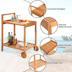 Rolling Serving Cart, Solid Wood Home Bar Cart with Handle with 2 Trays, Portable Serving Trolley for Kitchen, Dining Room, Patio, Teak