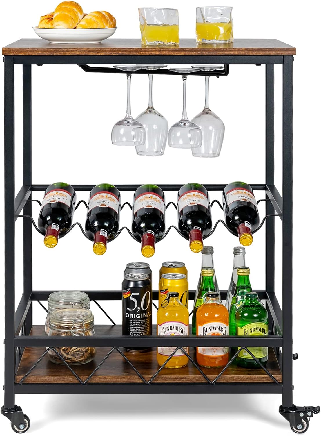 GORELAX Industrial Bar Cart with Wine Rack and Glass Holder, 3 Tier Rolling Beverage Cart, Vintage Serving Trolley Cart with Wheels, Kitchen Utility Home Coffee Cart for Living Dining Room, Outdoor