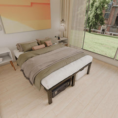 14 Inch Metal Bed Frame Queen Size No Box Spring Needed - Easy Assembly Heavy Duty Noise Free Narrow Bedframes - Double Black Basic Steel Slats Platform with Storage