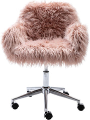 Goujxcy Modern Pink Faux Fur Home Office Chair, Cute Fluffy Upholstered Padded Seat Chair for Girls, Height Adjustable Swivel Makeup Vanity Chair for Living Room, Bedroom (Pink)