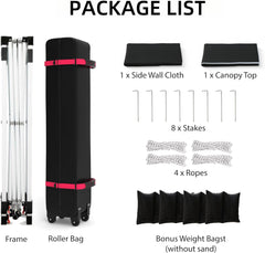 10x10 Ft Pop Up Canopy Tent, Portable Commercial Canopy with Vented Top Roller Bag,1 Removable Sidewall, 4 Sandbags, 4 Ropes and 8 Tent Stakes, Easy Outdoor Sun Shade for Events, Parties, Black