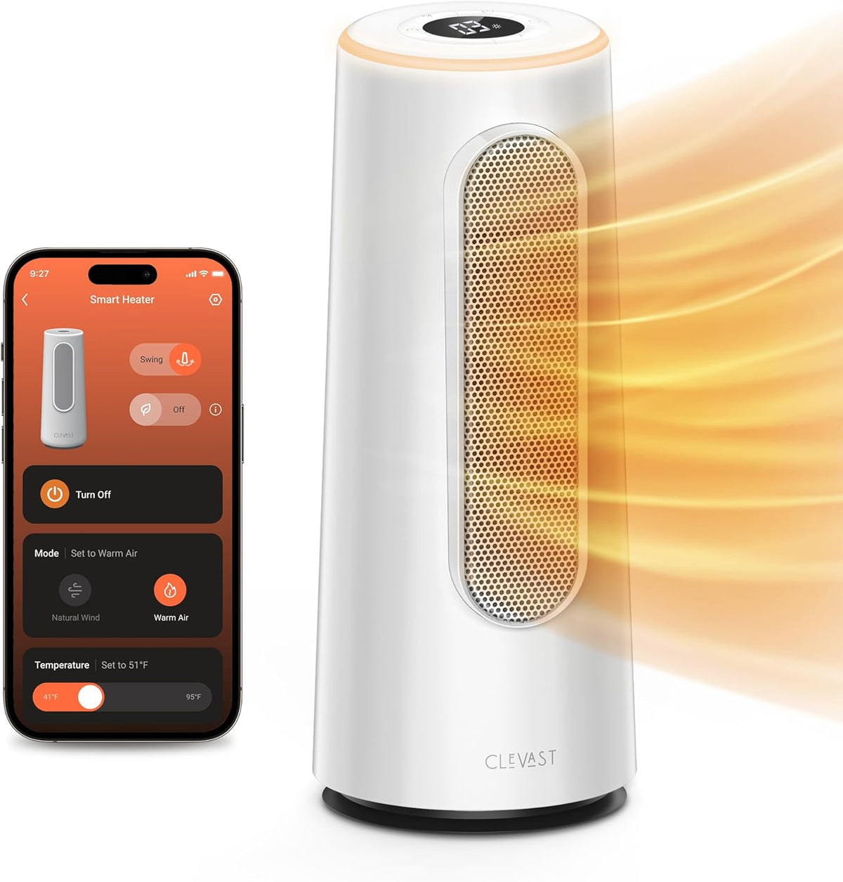 CLEVAST Smart Space Heater for Indoor Use, 1500W Fast Heating PTC Ceramic Portable Heaters with Thermostat, Quiet Electric Space Heater with RGB Night Light for Bedroom, Office, App & Voice Control