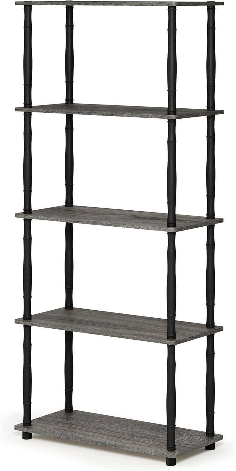 Furinno RATA Book Shelf, 5-Tier Industrial Multipurpose Flat Base Bookshelf, Bookcase with Metal Frame, Narrow, French Oak Grey