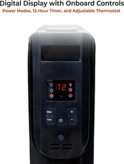 Comfort Zone 1500W Oil-Filled Radiator Heater – Portable Electric Space Heater with Remote, Digital Display, Adjustable Thermostat, Tip-Over & Overheat Protection, No Refill Needed, Black