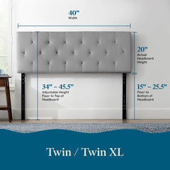 Lucid Mid-Rise Upholstered Headboard - Diamond Tufted - Padded Polyester - Adjustable Height from 34” to 46” - Easy Assembly - Bed Frame or Wall Mount - Sturdy - Charcoal - Twin / Twin XL Size