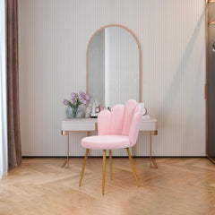 Vanity Chair for Makeup Room, Makeup Vanity Chair with Petal Shape, Nordic Style Velvet Chair with Back Support, Golden Legs for Living Room Bedroom Home Office Chair, Computer Pink