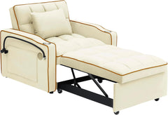 3-in-1 Convertible Sleeper Chair Sofa Bed, White Adjustable Pull Out Sofa Chair Bed with USB and Phone Holder, Modern Single Sofa with Side Pockets for Living Room, Bedroom