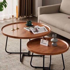 Modern Round Coffee Table with Metal Frame, Wood Raised Edge Center Table, Durable Easy Assembly Cocktail Table End Table for Living Room Office(50x39cm(19.7x15.3), Natural)