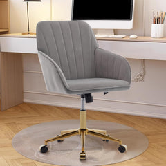 Gray Adjustable Criss Cross Legged Office Chair with Wheels and Arms, Rolling Vanity Chairs for Desks, Ergonomic Computer Chair for Home Office, Apartment Dorms