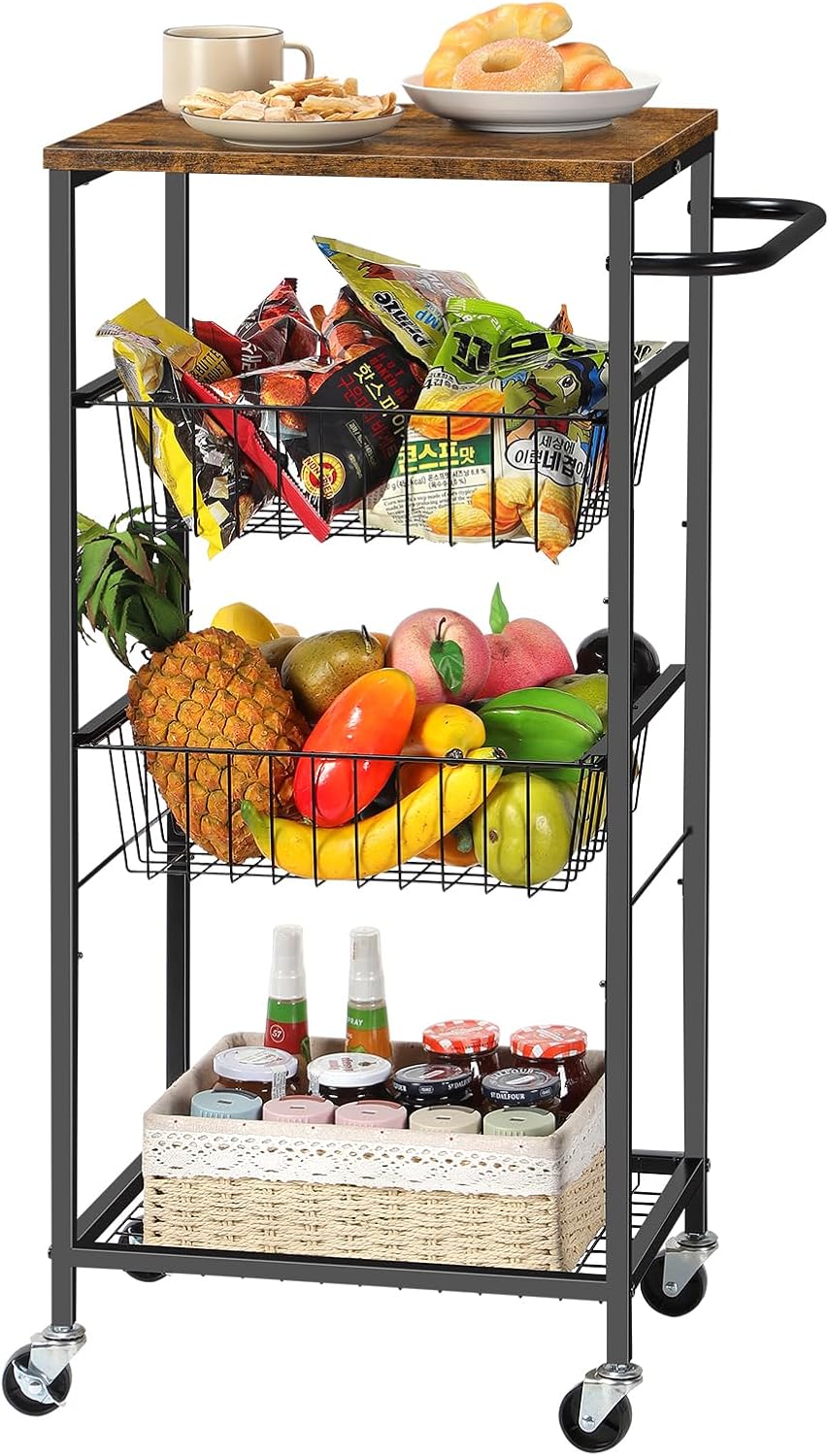 CADUKE 4-Tier Rolling Bar Cart with Handle, Serving Cart with Pull-Out Mesh Baskets, Utility Cart on Wheels for Kitchen, Dining Room, Living Room