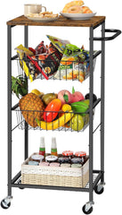 CADUKE 4-Tier Rolling Bar Cart with Handle, Serving Cart with Pull-Out Mesh Baskets, Utility Cart on Wheels for Kitchen, Dining Room, Living Room