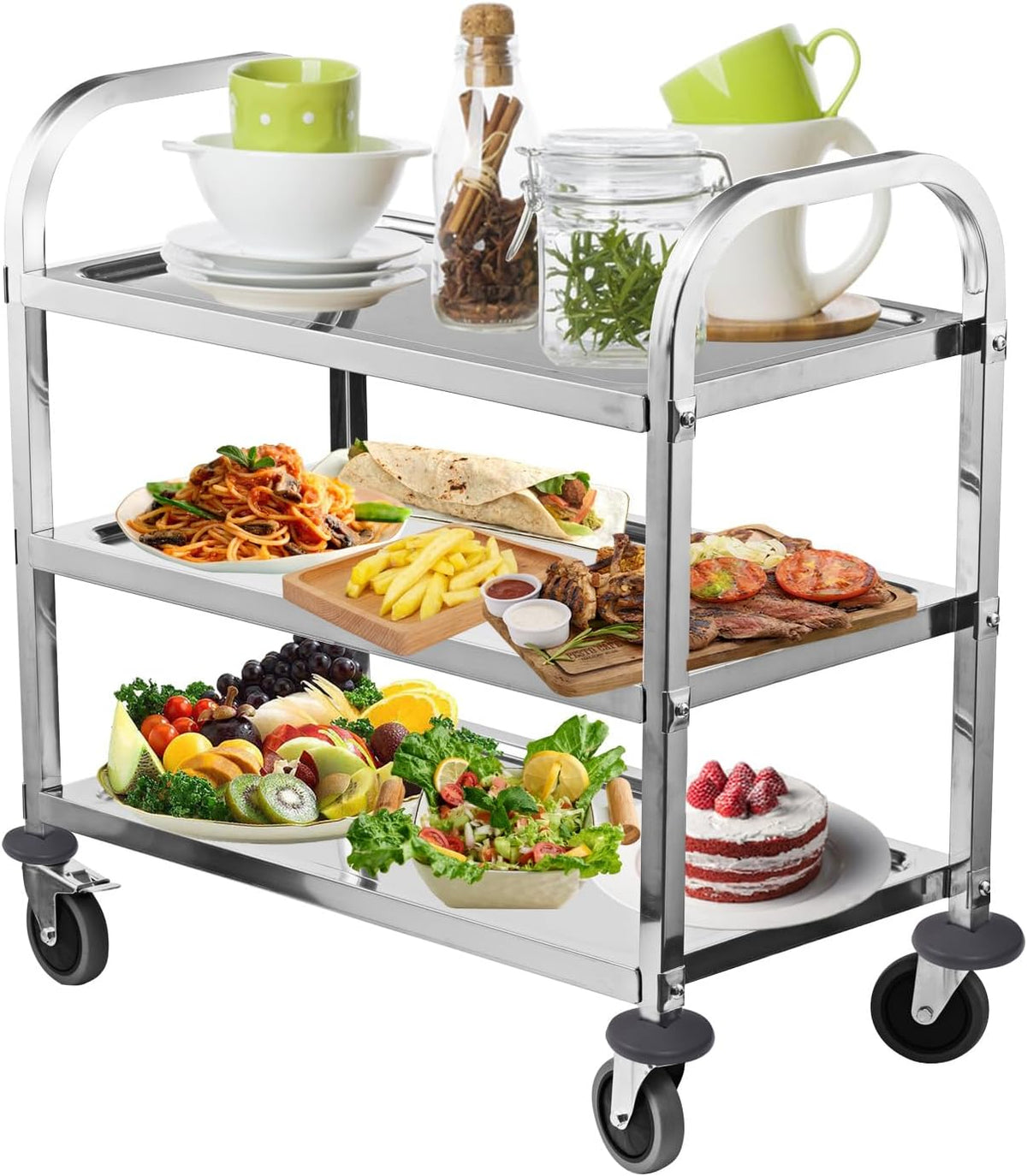 HLC Upgrade 3 Tier Heavy Duty Commercial Grade Utility Cart Kitchen Trolley Serving Cart with Wheels Stainless Steel Rolling Cart Storage Shelf for Hotel Restaurant Bar Home Use L30 x W16 x H33 Inch