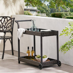 Brown Bar Cart with Wheels, Resin Wicker & Metal Frame, Mobile Storage with Flat Top & Bottom Shelf, for Entertaining Guests