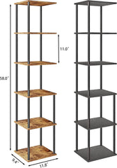 58" Narrow Bookshelf, 6-Tier Tall Bookcase Small Space, Corner Book Shelf Slim Storage Display Rack Living Room Bedroom Study Office, Rustic Brown
