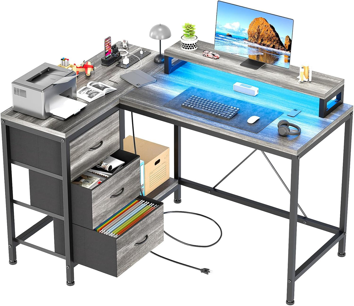 IDEALHOUSE L Shaped Home Office Desk,Computer Desk with Power Outlets & LED Lights,Gaming Computer Desk with Drawers & Shelves,Monitor Stand,Storage Shelves,for Living Room, Study, Bedroom(Pink)