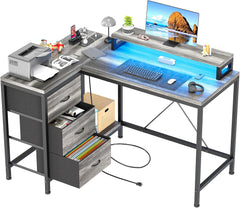 IDEALHOUSE L Shaped Home Office Desk,Computer Desk with Power Outlets & LED Lights,Gaming Computer Desk with Drawers & Shelves,Monitor Stand,Storage Shelves,for Living Room, Study, Bedroom(Pink)