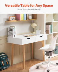 Small Desk with Drawers, Bedroom Desk, Study Table - White + Wood MDF Computer Writing Desk for Home Office