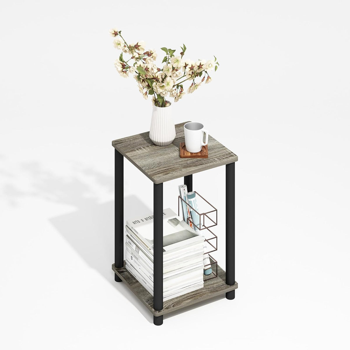 Furinno Modern Side Table, 2-Tier Square Top End Table with Open Shelf, Toolless Night Stand, Bedside Table, for Living Room, Bedroom, Grey Oak