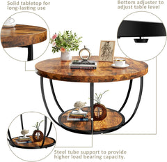 Round Coffee Table, 31.5" Wooden 2-Tier Circle Coffee Table with Storage Shelves, for Living Room & Kitchen (Rustic Brown)