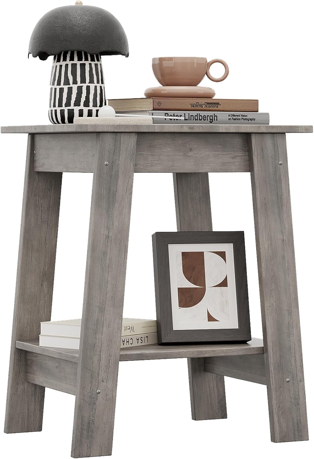 Grey Narrow Side Table with Two Storage Tiers, Space-Saving End Table for Small Living Room, Bedroom, Studio Apartment, Entryway, Modern Nightstand with Shelf
