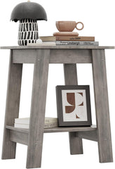 Grey Narrow Side Table with Two Storage Tiers, Space-Saving End Table for Small Living Room, Bedroom, Studio Apartment, Entryway, Modern Nightstand with Shelf