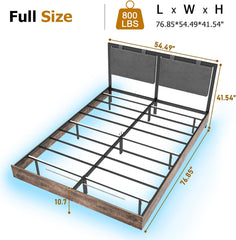 Queen Size Floating Bed Frame with Upholstered Headboard, Metal Platform Bedframe with LED Lights, Heavy Metal Slat Support, No Box Springs Required, Easy to Assemble (Black+Brown, Queen)