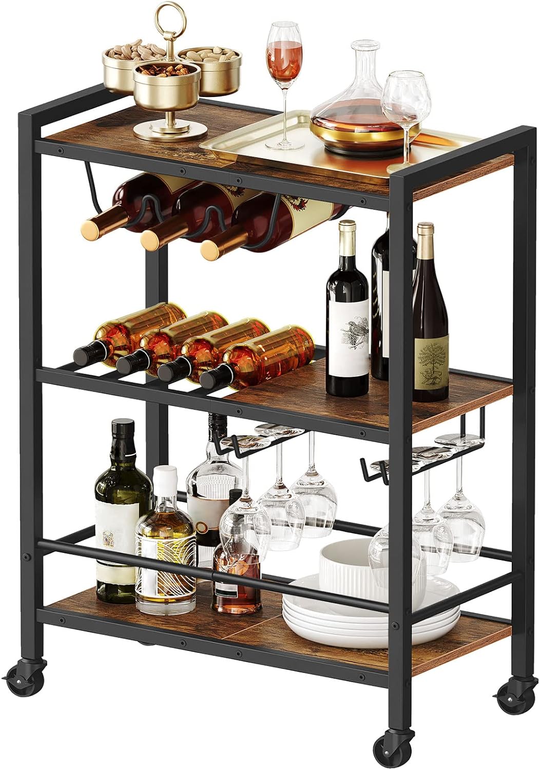 HOOBRO Bar Cart, 3-Tier Coffee Cart with Wheels, Kitchen Cart, Wine Cart with Wine Rack and Glass Holder, Rolling Serving Cart for Home, Living Room, Party, Bar, Rustic Brown and Black BF35TC01G1