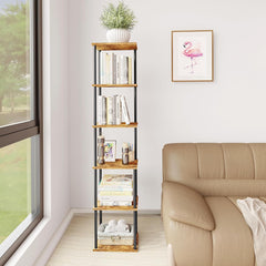 58" Narrow Bookshelf, 6-Tier Tall Bookcase Small Space, Corner Book Shelf Slim Storage Display Rack Living Room Bedroom Study Office, Rustic Brown