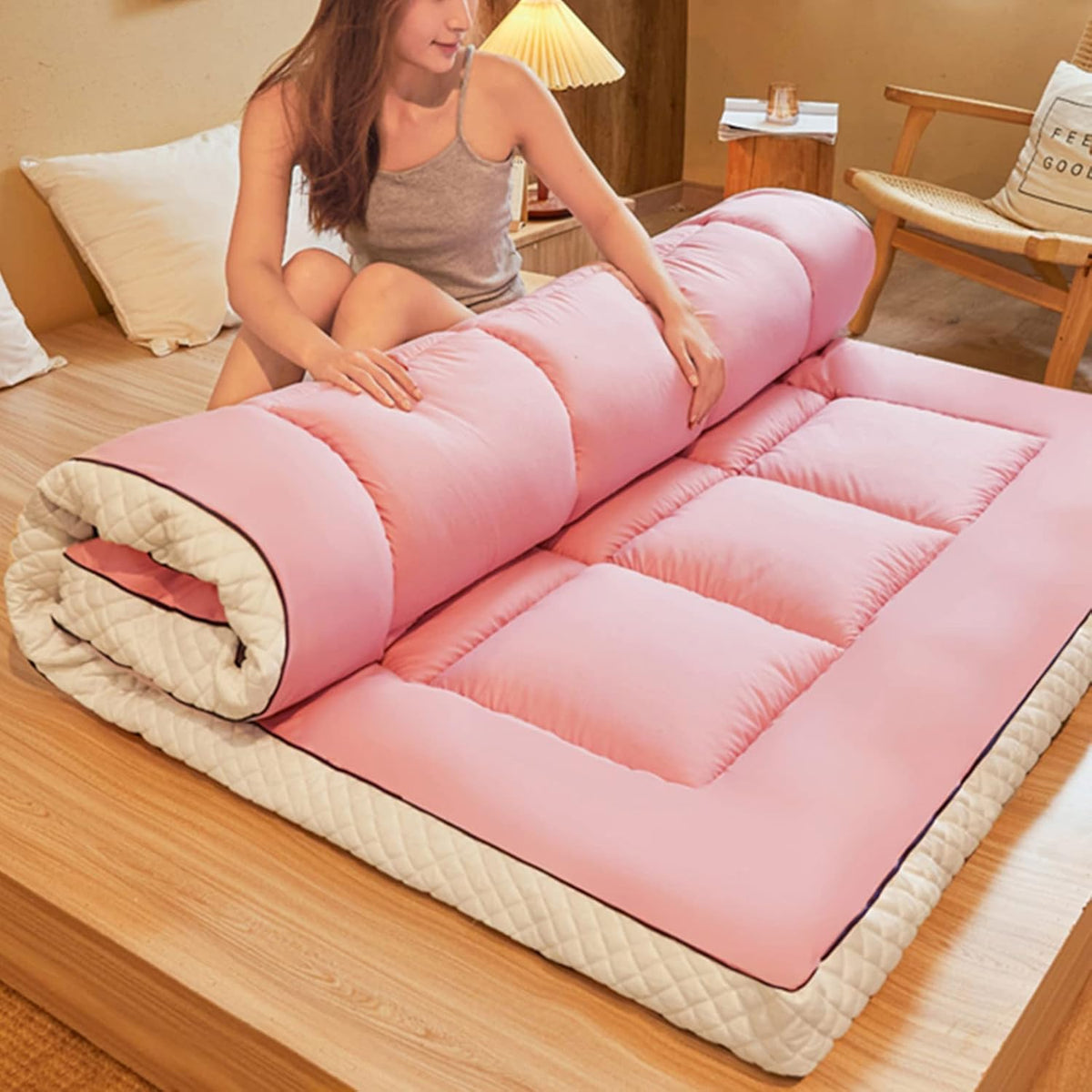 Thick Roll Up Japanese Futon Mattress - Portable Quilted Floor Mattress for All Seasons, Pink, 90x200cm (35x79inch)