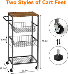 CADUKE 4-Tier Rolling Bar Cart with Handle, Serving Cart with Pull-Out Mesh Baskets, Utility Cart on Wheels for Kitchen, Dining Room, Living Room
