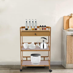 3-Tier Wooden Mobile Serving Cart with Lockable Wheels,Kitchen Storage Cart with Drawer, Home Bar Serving Cart,Multifunction Utility Cart for Kitchen Dinning Room Living Room Bar